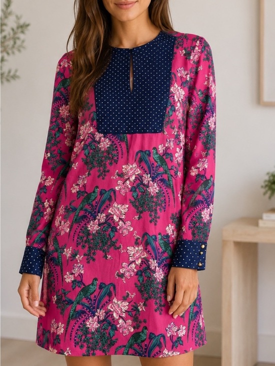 Maeve Dresses & Skirts - Anthropologie Maeve Fuchsia Floral Mini Dress with Navy Polka-Dot Bib Size 6